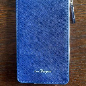 s w Dvogan  Blue Leather Slim Wallet 7.5" x 4" (Pink Blush Leather inside)